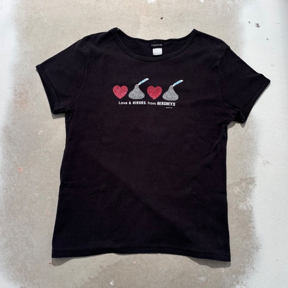 Hanes Her Way Hershey Kisses Graphic Tee Black Hearts Y2K Vintage Style Large